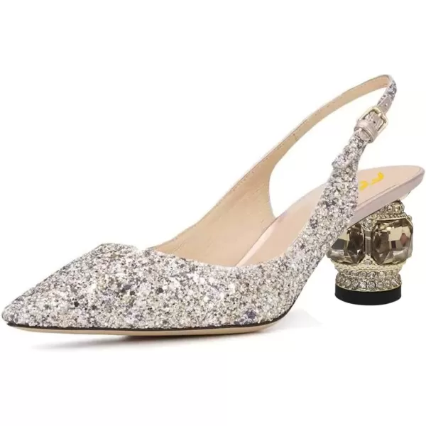 imageFSJ Women Pointed Toe Slingback Wedding Pumps Chunky Low Heel Rhinestone Sandals Crystal Dress Party Office Shoe with Buckle Size 415 M USGold Multi Glitter
