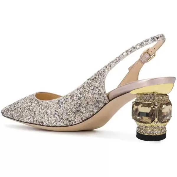 imageFSJ Women Pointed Toe Slingback Wedding Pumps Chunky Low Heel Rhinestone Sandals Crystal Dress Party Office Shoe with Buckle Size 415 M USGold Multi Glitter