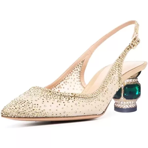imageFSJ Women Pointed Toe Slingback Wedding Pumps Chunky Low Heel Rhinestone Sandals Crystal Dress Party Office Shoe with Buckle Size 415 M USGold Studded