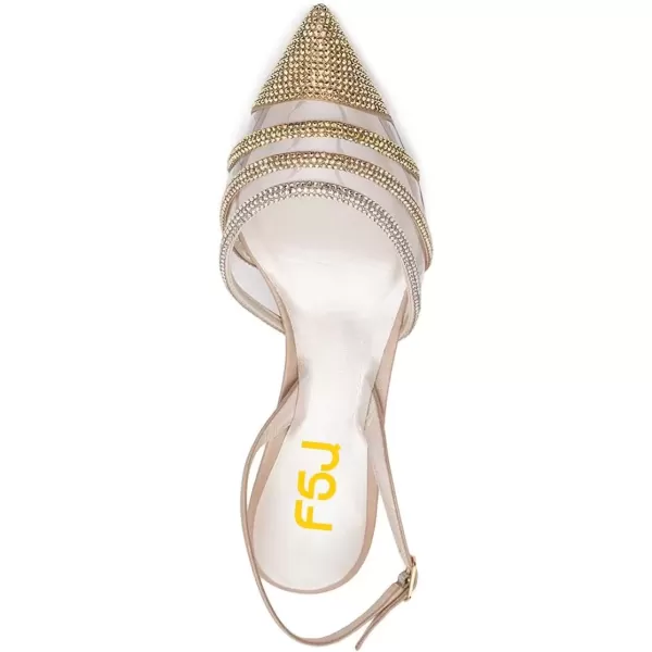 imageFSJ Women Pointed Toe Slingback Wedding Pumps Chunky Low Heel Rhinestone Sandals Crystal Dress Party Office Shoe with Buckle Size 415 M USGolden