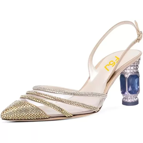 imageFSJ Women Pointed Toe Slingback Wedding Pumps Chunky Low Heel Rhinestone Sandals Crystal Dress Party Office Shoe with Buckle Size 415 M USGolden