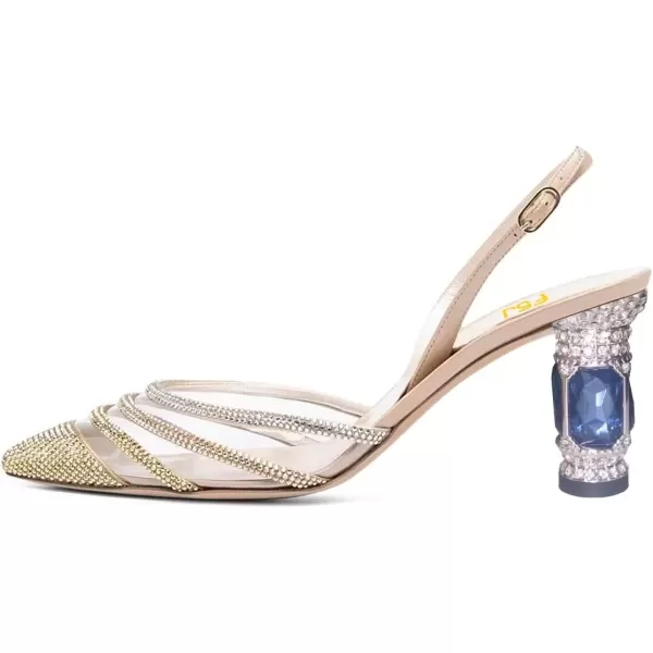 imageFSJ Women Pointed Toe Slingback Wedding Pumps Chunky Low Heel Rhinestone Sandals Crystal Dress Party Office Shoe with Buckle Size 415 M USGolden