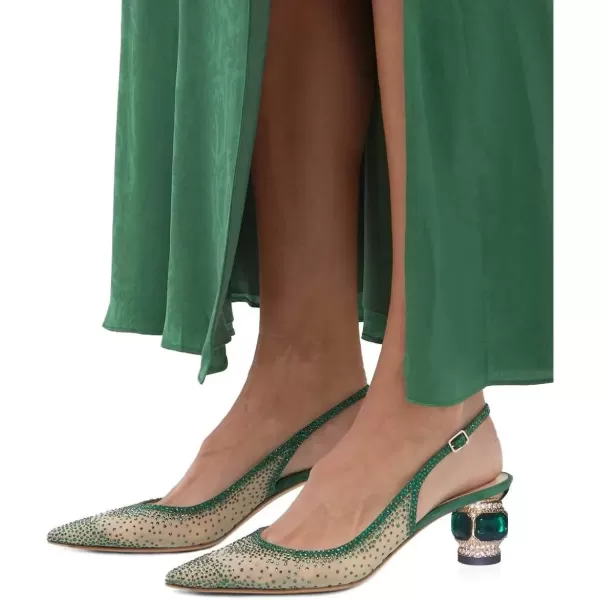 imageFSJ Women Pointed Toe Slingback Wedding Pumps Chunky Low Heel Rhinestone Sandals Crystal Dress Party Office Shoe with Buckle Size 415 M USGreen