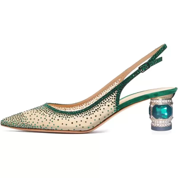 imageFSJ Women Pointed Toe Slingback Wedding Pumps Chunky Low Heel Rhinestone Sandals Crystal Dress Party Office Shoe with Buckle Size 415 M USGreen