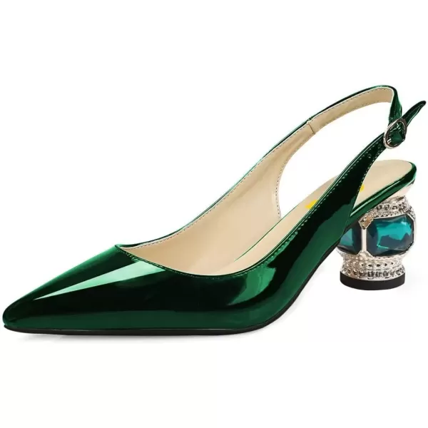 imageFSJ Women Pointed Toe Slingback Wedding Pumps Chunky Low Heel Rhinestone Sandals Crystal Dress Party Office Shoe with Buckle Size 415 M USGreen Mirror