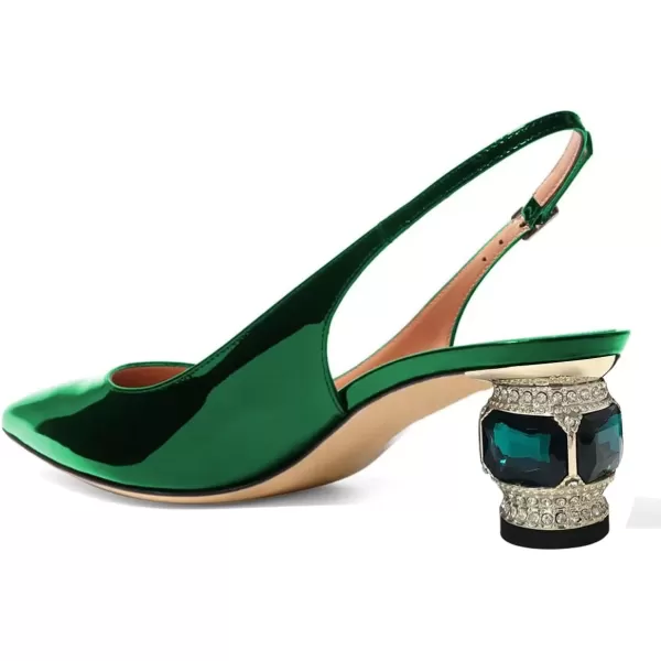 imageFSJ Women Pointed Toe Slingback Wedding Pumps Chunky Low Heel Rhinestone Sandals Crystal Dress Party Office Shoe with Buckle Size 415 M USGreen Mirror