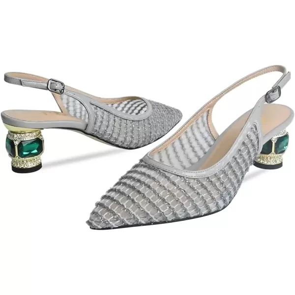 imageFSJ Women Pointed Toe Slingback Wedding Pumps Chunky Low Heel Rhinestone Sandals Crystal Dress Party Office Shoe with Buckle Size 415 M USGrey