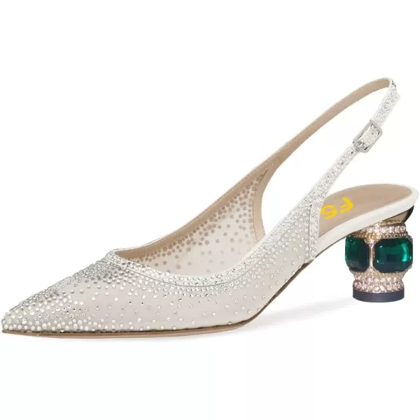 imageFSJ Women Pointed Toe Slingback Wedding Pumps Chunky Low Heel Rhinestone Sandals Crystal Dress Party Office Shoe with Buckle Size 415 M USIvory