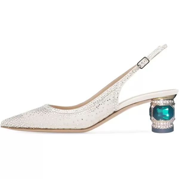 imageFSJ Women Pointed Toe Slingback Wedding Pumps Chunky Low Heel Rhinestone Sandals Crystal Dress Party Office Shoe with Buckle Size 415 M USIvory