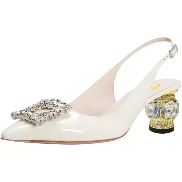 imageFSJ Women Pointed Toe Slingback Wedding Pumps Chunky Low Heel Rhinestone Sandals Crystal Dress Party Office Shoe with Buckle Size 415 M USIvory White Crystal Square Buckle