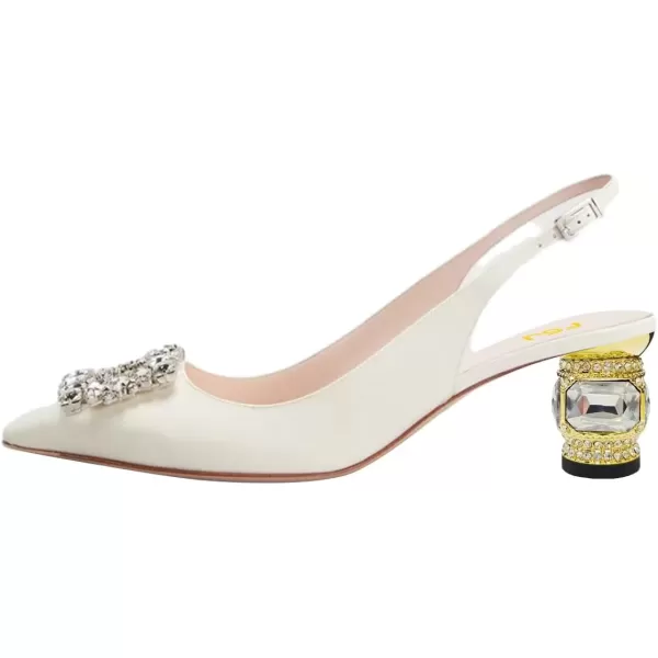 imageFSJ Women Pointed Toe Slingback Wedding Pumps Chunky Low Heel Rhinestone Sandals Crystal Dress Party Office Shoe with Buckle Size 415 M USIvory White Crystal Square Buckle