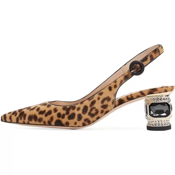 imageFSJ Women Pointed Toe Slingback Wedding Pumps Chunky Low Heel Rhinestone Sandals Crystal Dress Party Office Shoe with Buckle Size 415 M USLeopard