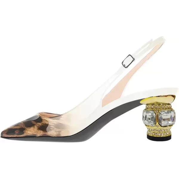 imageFSJ Women Pointed Toe Slingback Wedding Pumps Chunky Low Heel Rhinestone Sandals Crystal Dress Party Office Shoe with Buckle Size 415 M USLeopard White