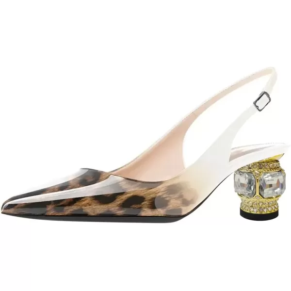imageFSJ Women Pointed Toe Slingback Wedding Pumps Chunky Low Heel Rhinestone Sandals Crystal Dress Party Office Shoe with Buckle Size 415 M USLeopard White