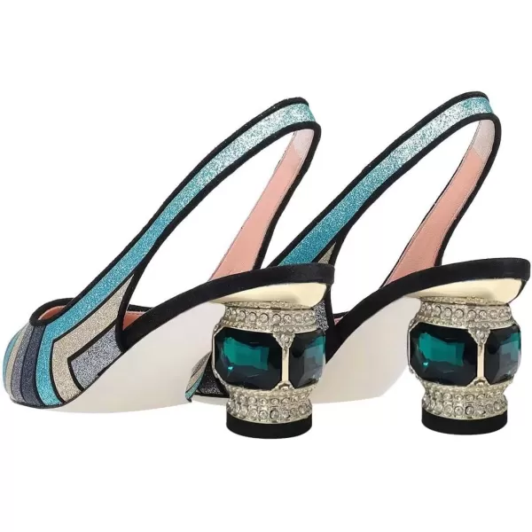 imageFSJ Women Pointed Toe Slingback Wedding Pumps Chunky Low Heel Rhinestone Sandals Crystal Dress Party Office Shoe with Buckle Size 415 M USMulti Glitter