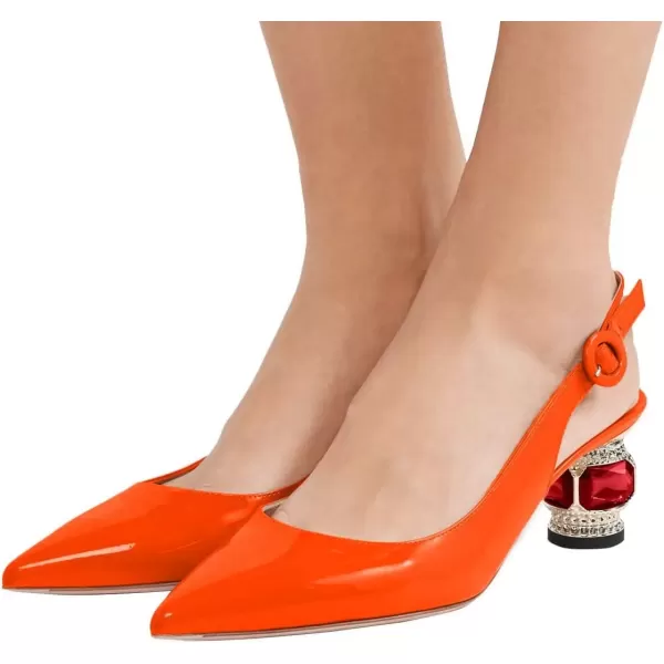 imageFSJ Women Pointed Toe Slingback Wedding Pumps Chunky Low Heel Rhinestone Sandals Crystal Dress Party Office Shoe with Buckle Size 415 M USOrange Glossy