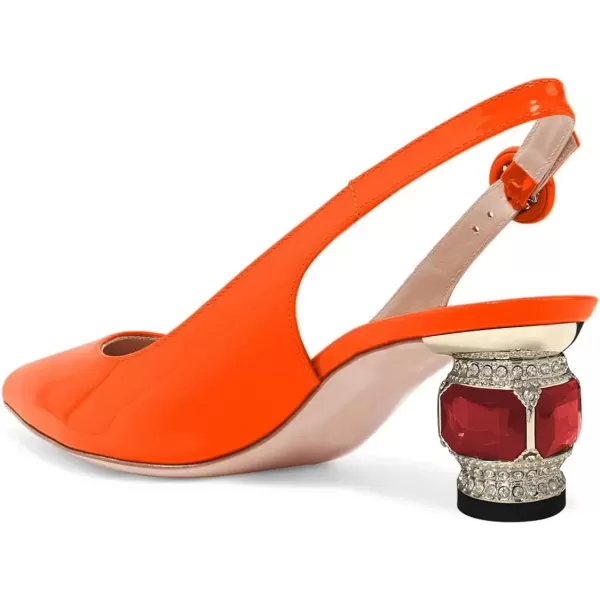 imageFSJ Women Pointed Toe Slingback Wedding Pumps Chunky Low Heel Rhinestone Sandals Crystal Dress Party Office Shoe with Buckle Size 415 M USOrange Glossy