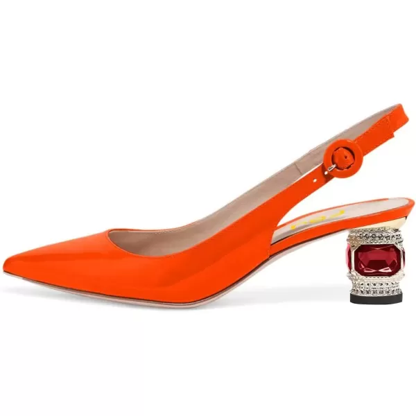 imageFSJ Women Pointed Toe Slingback Wedding Pumps Chunky Low Heel Rhinestone Sandals Crystal Dress Party Office Shoe with Buckle Size 415 M USOrange Glossy