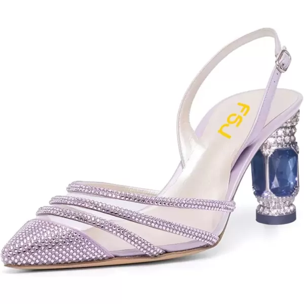 imageFSJ Women Pointed Toe Slingback Wedding Pumps Chunky Low Heel Rhinestone Sandals Crystal Dress Party Office Shoe with Buckle Size 415 M USPurple