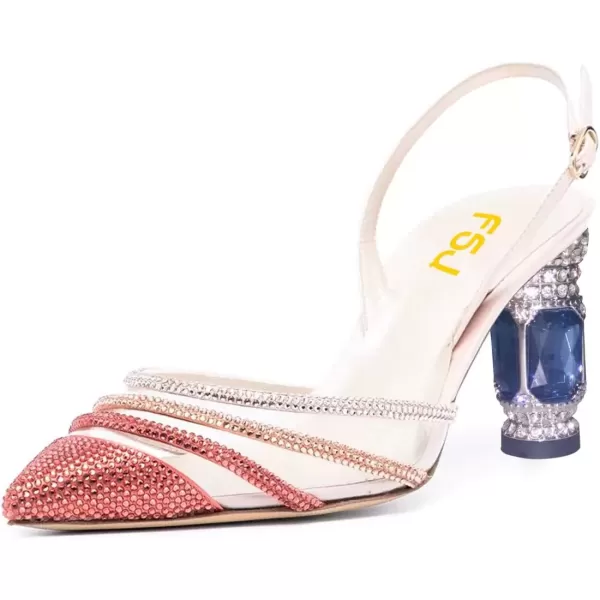 imageFSJ Women Pointed Toe Slingback Wedding Pumps Chunky Low Heel Rhinestone Sandals Crystal Dress Party Office Shoe with Buckle Size 415 M USRed