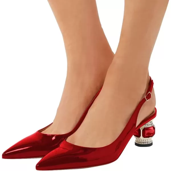 imageFSJ Women Pointed Toe Slingback Wedding Pumps Chunky Low Heel Rhinestone Sandals Crystal Dress Party Office Shoe with Buckle Size 415 M USRed Patent