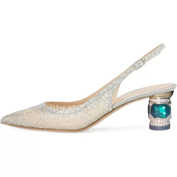 imageFSJ Women Pointed Toe Slingback Wedding Pumps Chunky Low Heel Rhinestone Sandals Crystal Dress Party Office Shoe with Buckle Size 415 M USSilver
