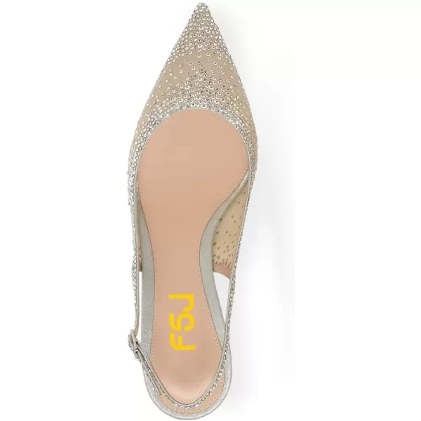 imageFSJ Women Pointed Toe Slingback Wedding Pumps Chunky Low Heel Rhinestone Sandals Crystal Dress Party Office Shoe with Buckle Size 415 M USSilver