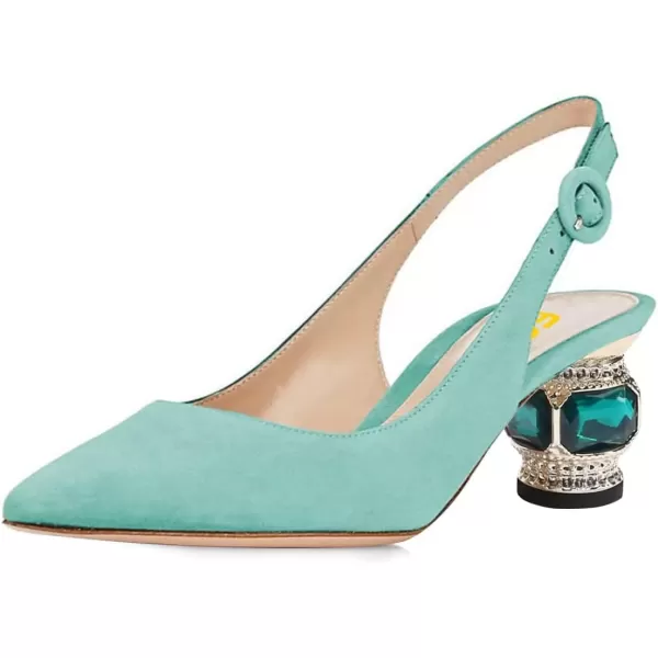 imageFSJ Women Pointed Toe Slingback Wedding Pumps Chunky Low Heel Rhinestone Sandals Crystal Dress Party Office Shoe with Buckle Size 415 M USTurquoise