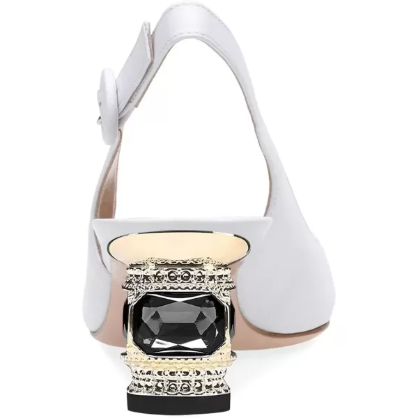 imageFSJ Women Pointed Toe Slingback Wedding Pumps Chunky Low Heel Rhinestone Sandals Crystal Dress Party Office Shoe with Buckle Size 415 M USWhite Pu
