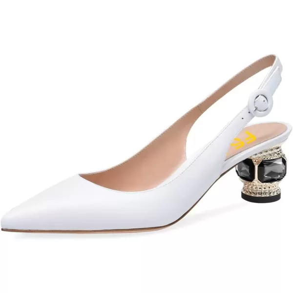 imageFSJ Women Pointed Toe Slingback Wedding Pumps Chunky Low Heel Rhinestone Sandals Crystal Dress Party Office Shoe with Buckle Size 415 M USWhite Pu