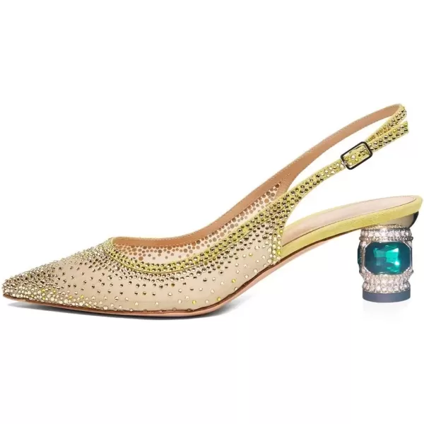 imageFSJ Women Pointed Toe Slingback Wedding Pumps Chunky Low Heel Rhinestone Sandals Crystal Dress Party Office Shoe with Buckle Size 415 M USYellow