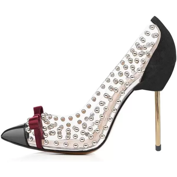 imageFSJ Women Studded Pointed Toe Transparent Pumps High Heels Shoes with Cute Bowknot US Size 415 MBlack