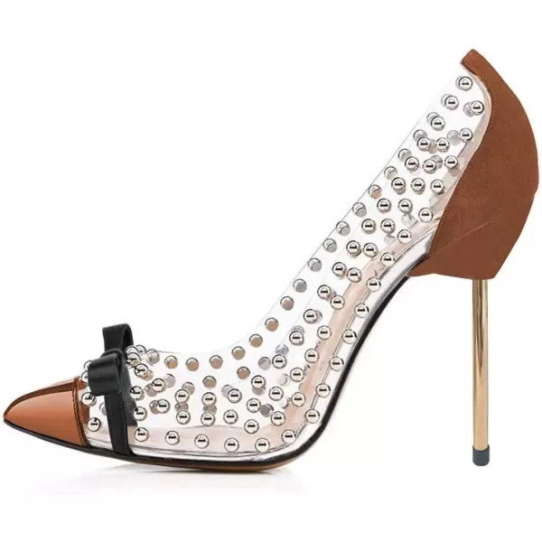 imageFSJ Women Studded Pointed Toe Transparent Pumps High Heels Shoes with Cute Bowknot US Size 415 MBrown
