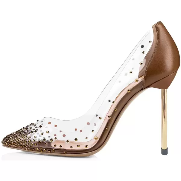 imageFSJ Women Studded Pointed Toe Transparent Pumps High Heels Shoes with Cute Bowknot US Size 415 MBrown2