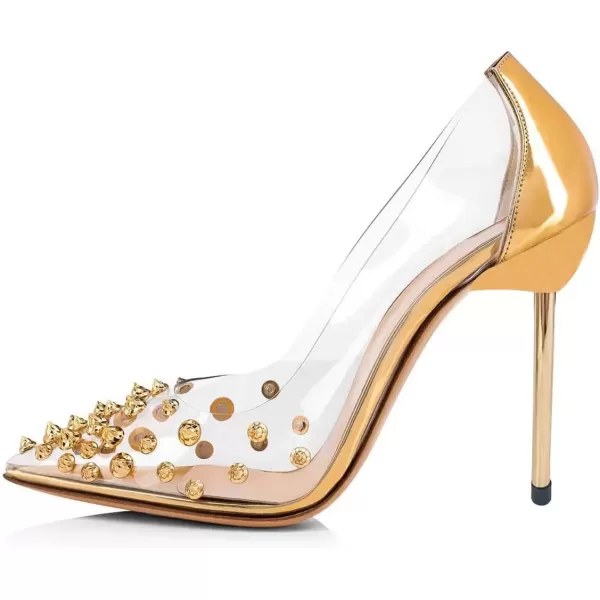 imageFSJ Women Studded Pointed Toe Transparent Pumps High Heels Shoes with Cute Bowknot US Size 415 MGold Rivets