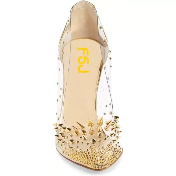 imageFSJ Women Studded Pointed Toe Transparent Pumps High Heels Shoes with Cute Bowknot US Size 415 MGold4