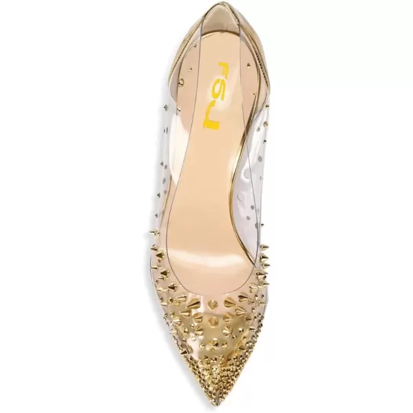imageFSJ Women Studded Pointed Toe Transparent Pumps High Heels Shoes with Cute Bowknot US Size 415 MGold4