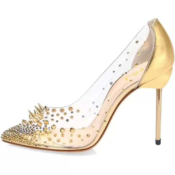 imageFSJ Women Studded Pointed Toe Transparent Pumps High Heels Shoes with Cute Bowknot US Size 415 MGold4