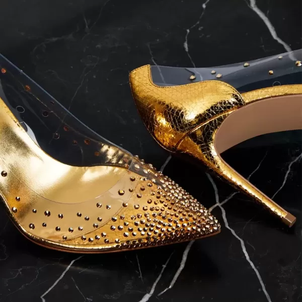 imageFSJ Women Studded Pointed Toe Transparent Pumps High Heels Shoes with Cute Bowknot US Size 415 MGolden