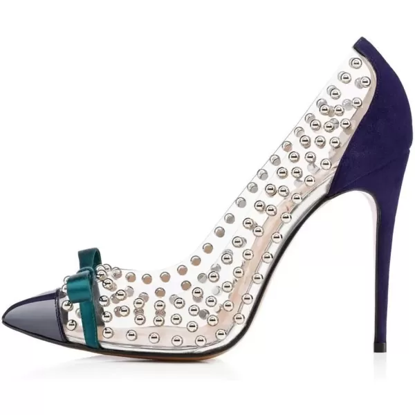 imageFSJ Women Studded Pointed Toe Transparent Pumps High Heels Shoes with Cute Bowknot US Size 415 MNavy