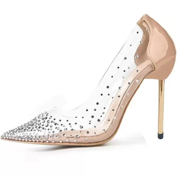 imageFSJ Women Studded Pointed Toe Transparent Pumps High Heels Shoes with Cute Bowknot US Size 415 MNude