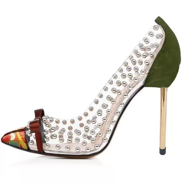 imageFSJ Women Studded Pointed Toe Transparent Pumps High Heels Shoes with Cute Bowknot US Size 415 MOlive
