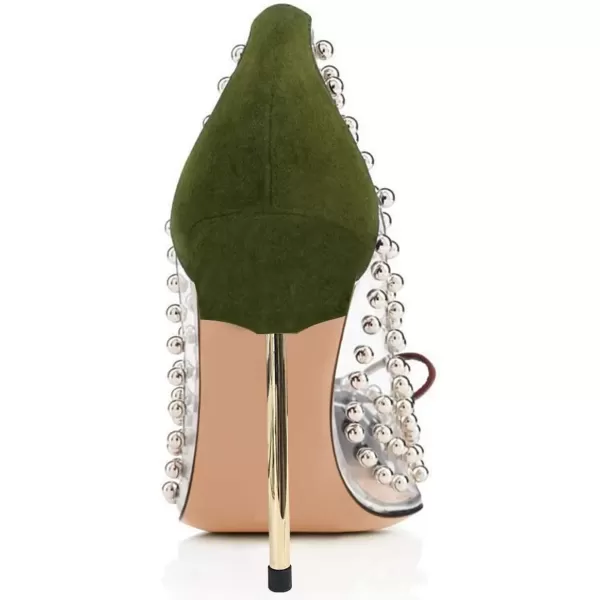 imageFSJ Women Studded Pointed Toe Transparent Pumps High Heels Shoes with Cute Bowknot US Size 415 MOlive