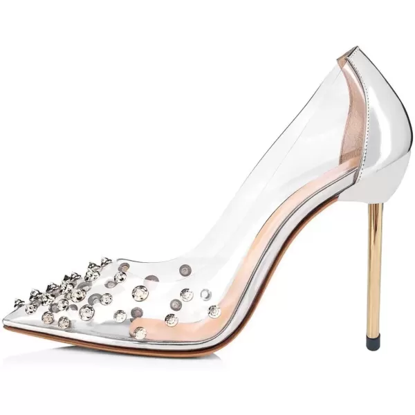 imageFSJ Women Studded Pointed Toe Transparent Pumps High Heels Shoes with Cute Bowknot US Size 415 MSilver3