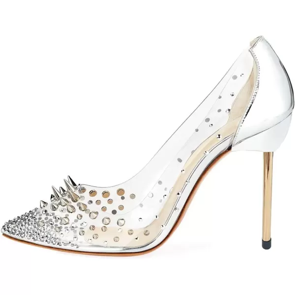 imageFSJ Women Studded Pointed Toe Transparent Pumps High Heels Shoes with Cute Bowknot US Size 415 MSilver5