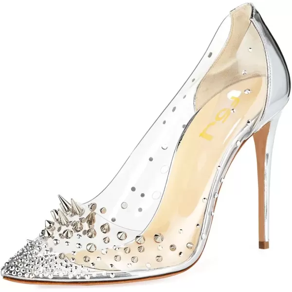 imageFSJ Women Studded Pointed Toe Transparent Pumps High Heels Shoes with Cute Bowknot US Size 415 MSilver5