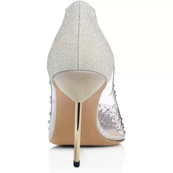 imageFSJ Women Studded Pointed Toe Transparent Pumps High Heels Shoes with Cute Bowknot US Size 415 MSilvermetal Heel 85cm