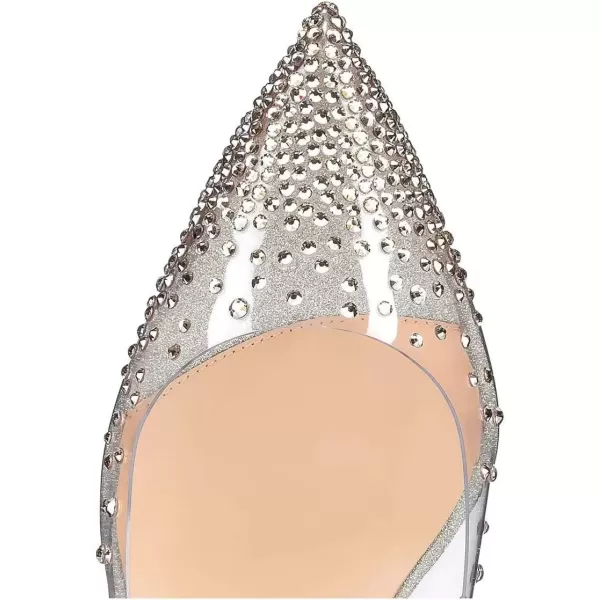 imageFSJ Women Studded Pointed Toe Transparent Pumps High Heels Shoes with Cute Bowknot US Size 415 MSilvermetal Heel 85cm