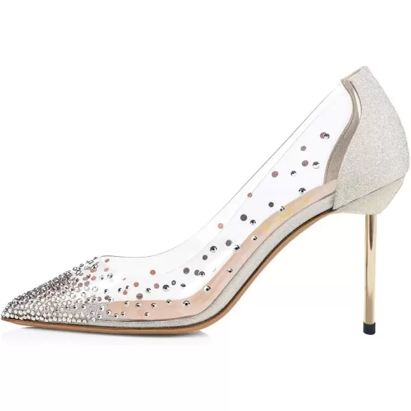 imageFSJ Women Studded Pointed Toe Transparent Pumps High Heels Shoes with Cute Bowknot US Size 415 MSilvermetal Heel 85cm
