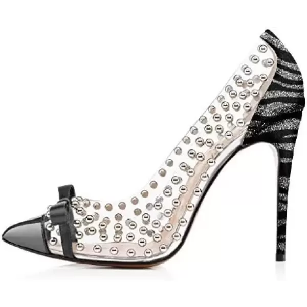 imageFSJ Women Studded Pointed Toe Transparent Pumps High Heels Shoes with Cute Bowknot US Size 415 MZebra